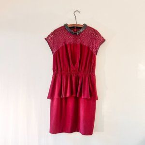 Cranberry Lace Leather Collar Vintage Knee-length Holiday Dress